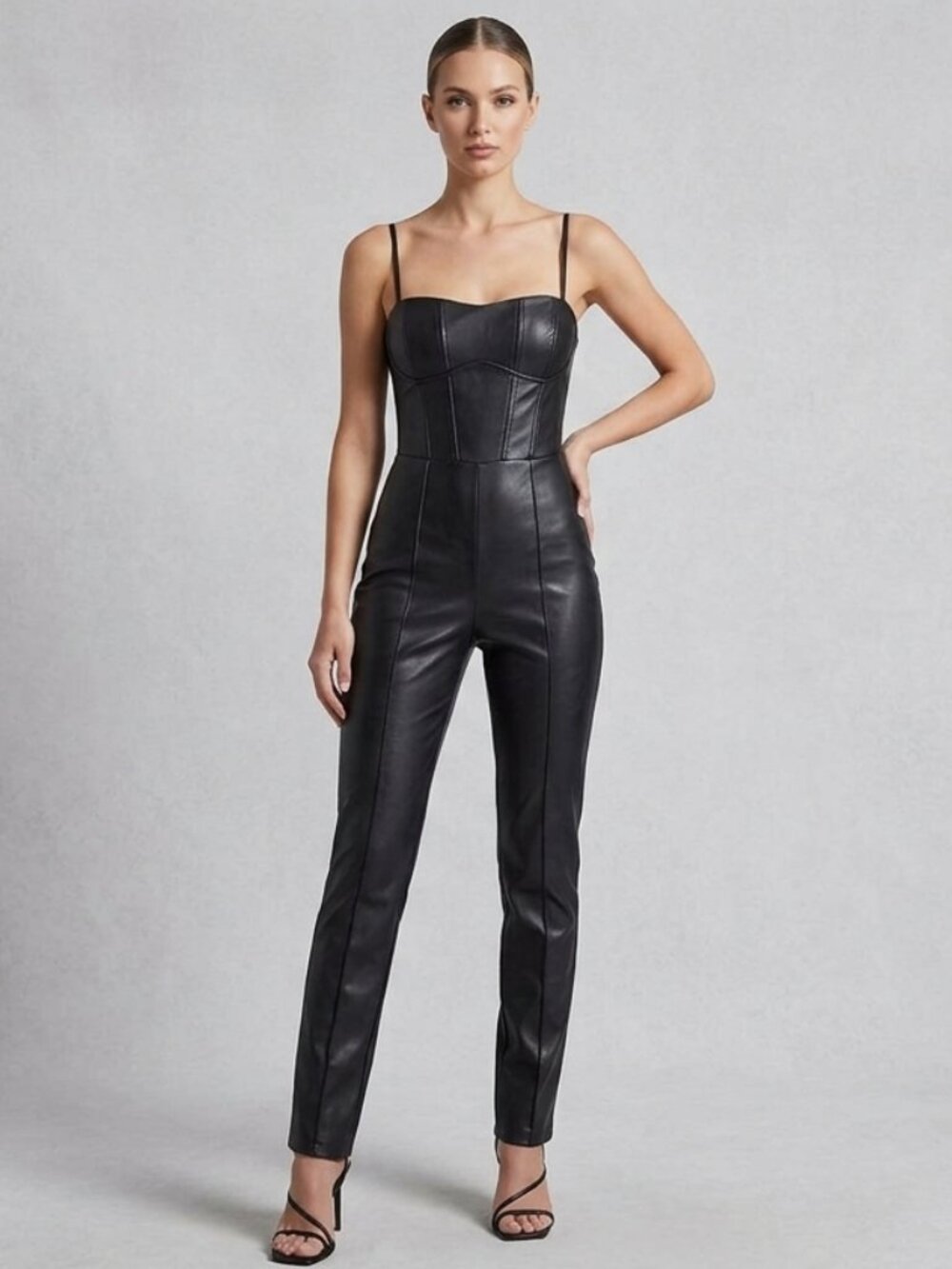 GUESS Black Faux Leather Strapless Corset Bodice Tailored Jumpsuit Size XS